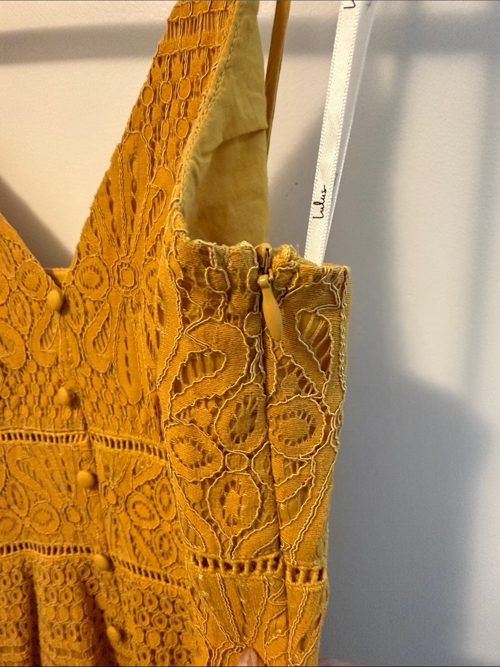 Lulu's Mustard Crochet Midi Dress with Spaghetti Straps - Picture 4 of 6